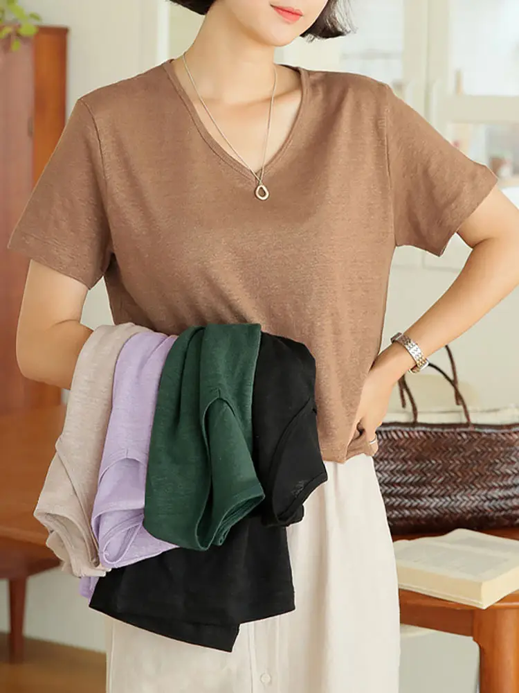 Women V-Neck T-Shirt Black Loose Fitting Summer - Image 7