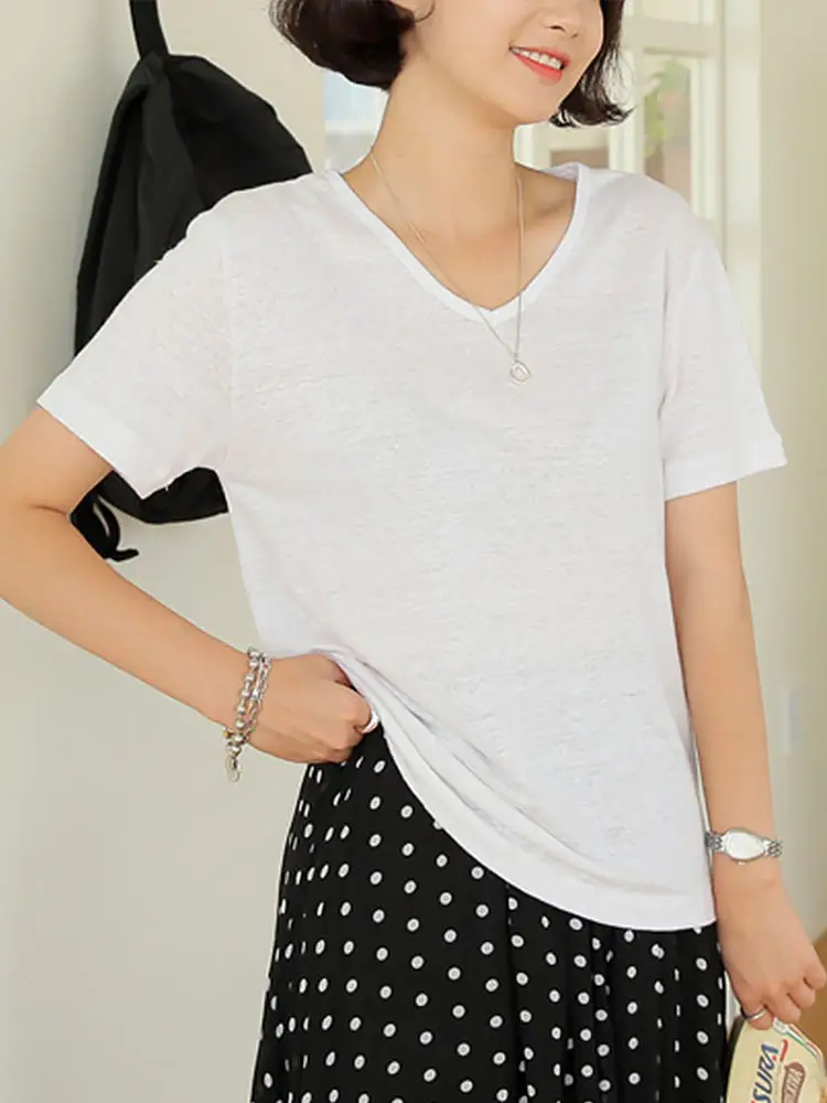 Women V-Neck T-Shirt Black Loose Fitting Summer - Image 8