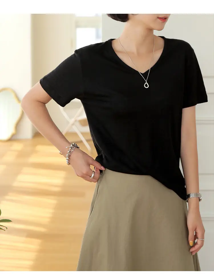 Women V-Neck T-Shirt Black Loose Fitting Summer — feature 16