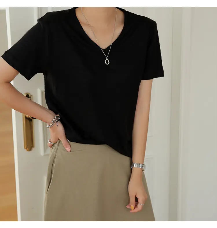 Women V-Neck T-Shirt Black Loose Fitting Summer — feature 17