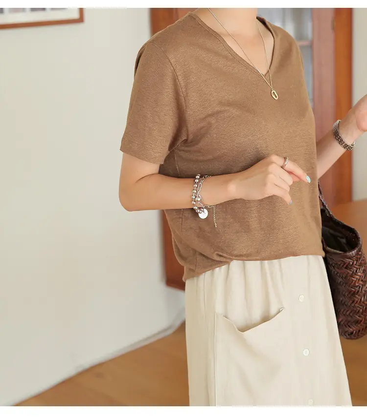 Women V-Neck T-Shirt Black Loose Fitting Summer — feature 21