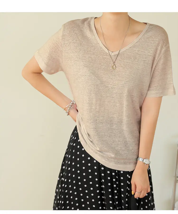 Women V-Neck T-Shirt Black Loose Fitting Summer — feature 26