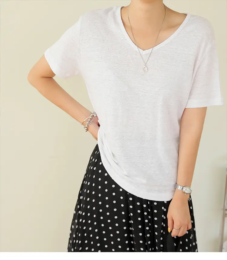 Women V-Neck T-Shirt Black Loose Fitting Summer — feature 3