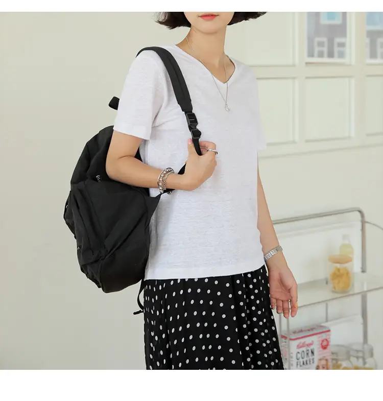 Women V-Neck T-Shirt Black Loose Fitting Summer — feature 8