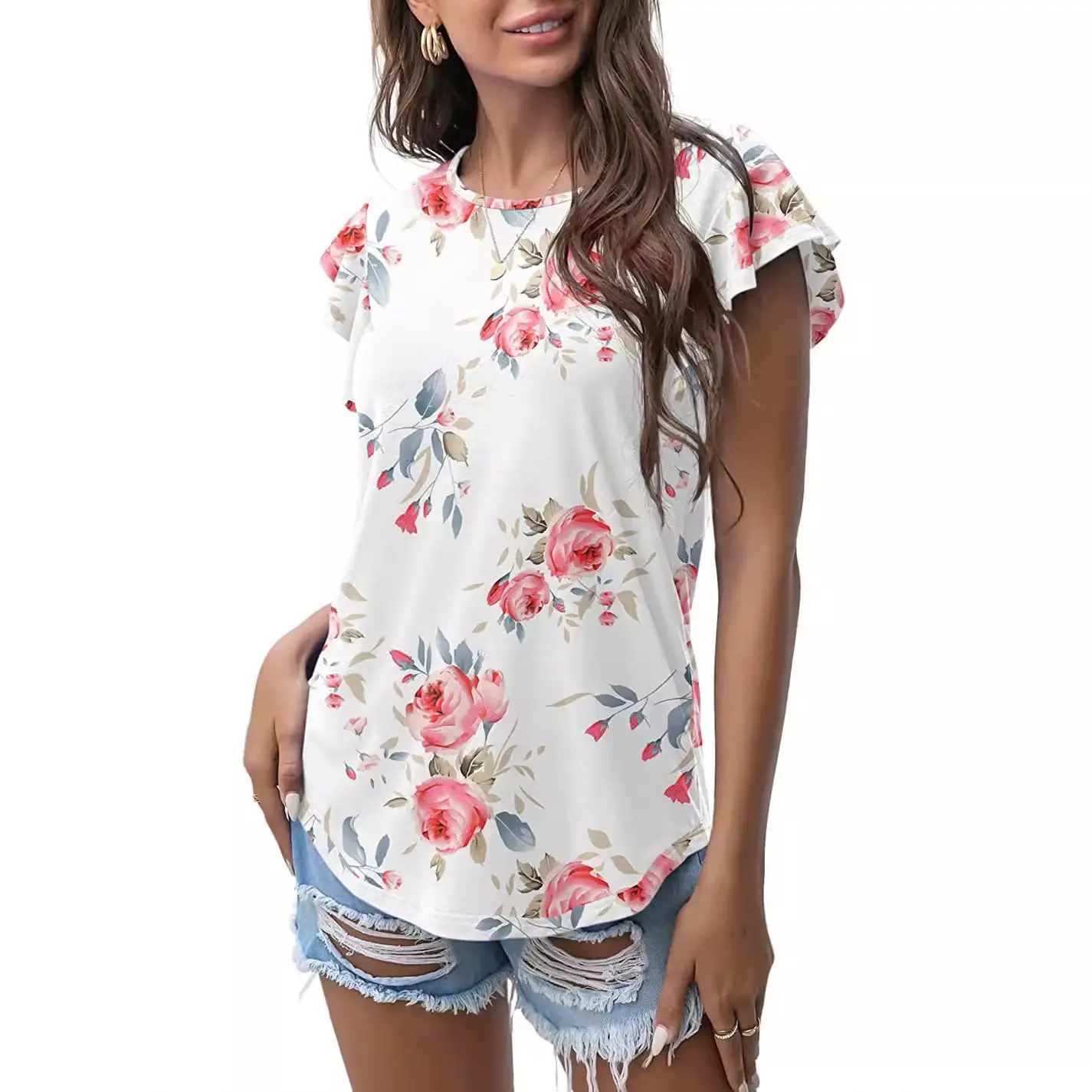Women Floral Short Sleeve T-Shirt White Cotton - Image 24