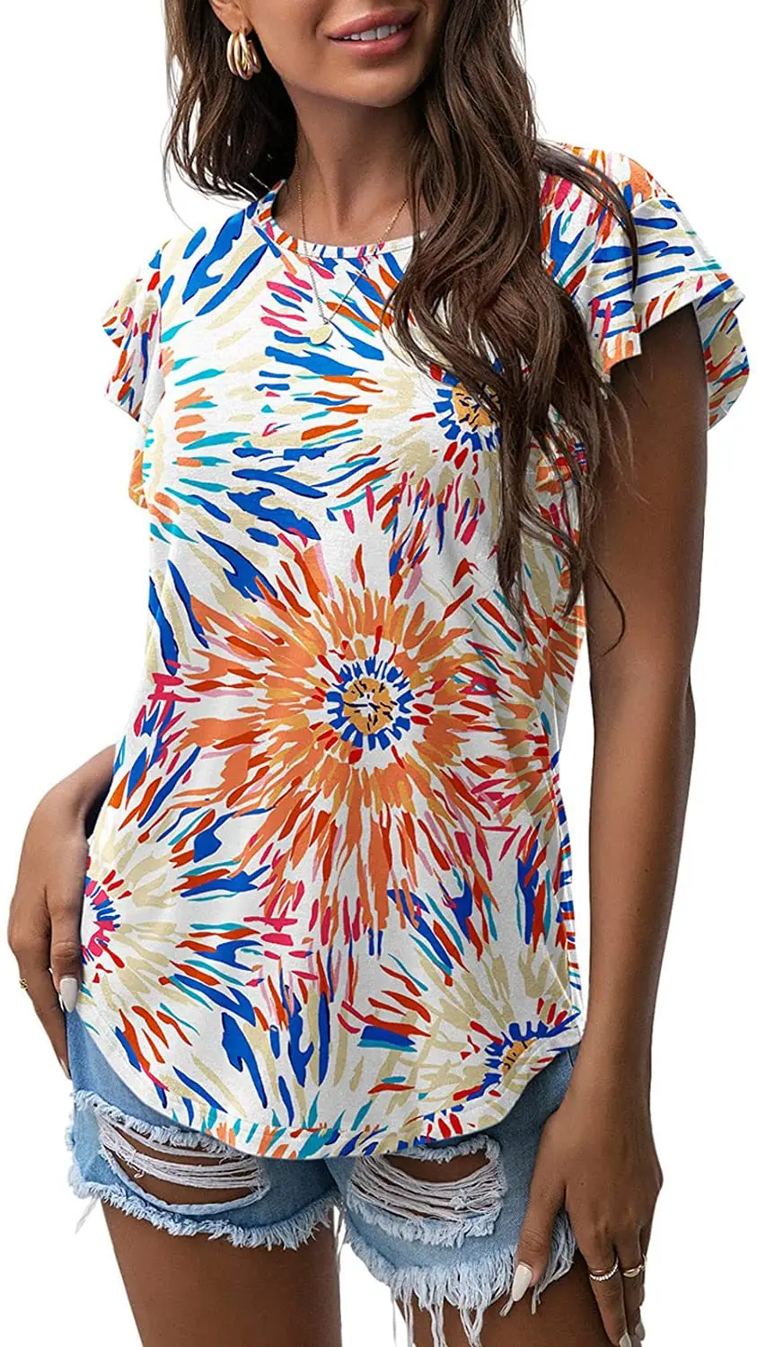 Women Floral Short Sleeve T-Shirt White Cotton - Image 18