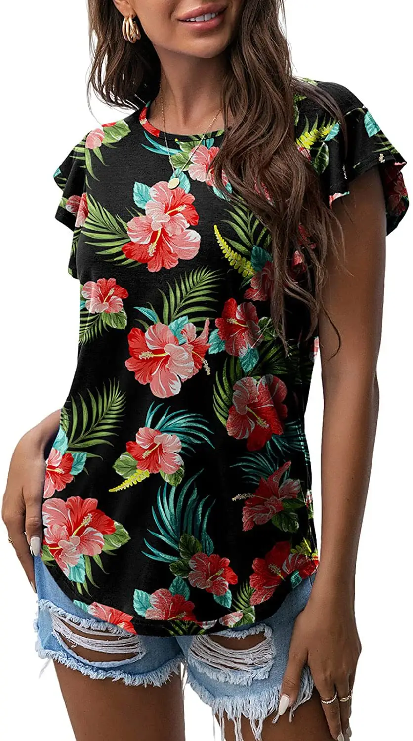 Women Floral Short Sleeve T-Shirt White Cotton - Image 6