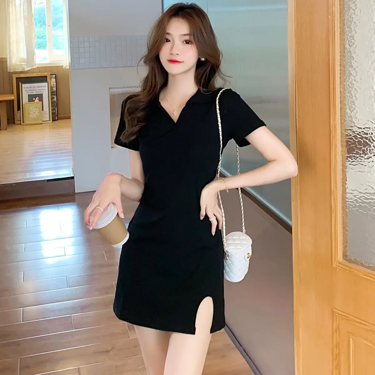 French V Neck Dress for Women Summer 2025 Black Slim Skirt - Image 2