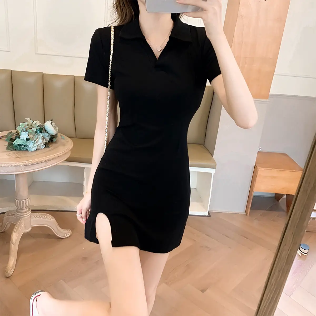 French V Neck Dress for Women Summer 2025 Black Slim Skirt - Image 4