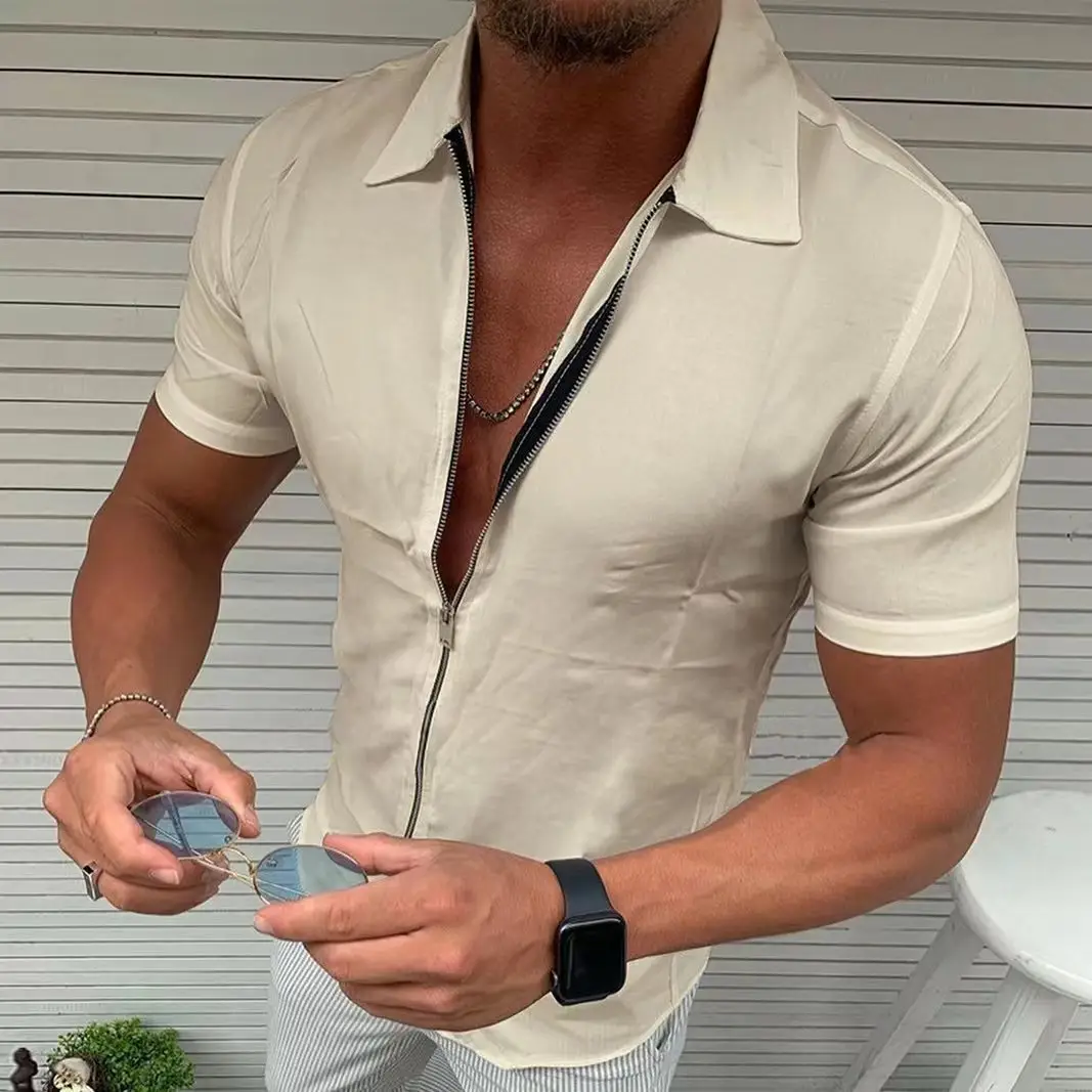 Men's Zipper Polo Shirt Cream Slim Fit Casual Wear - Image 6