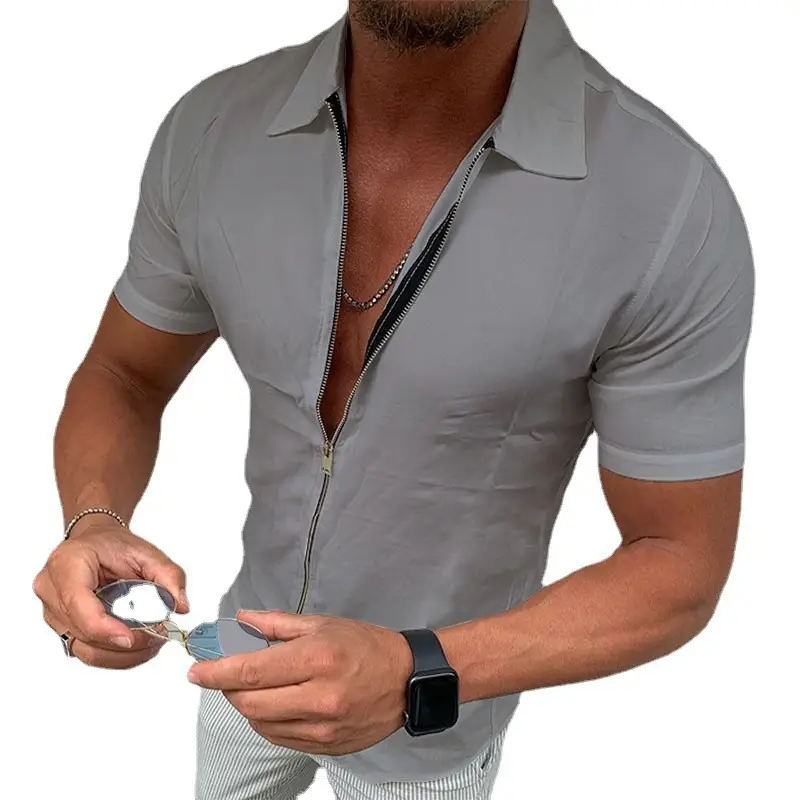 Men's Zipper Polo Shirt Cream Slim Fit Casual Wear - Image 9