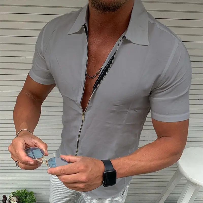 Men's Zipper Polo Shirt Cream Slim Fit Casual Wear - Image 3