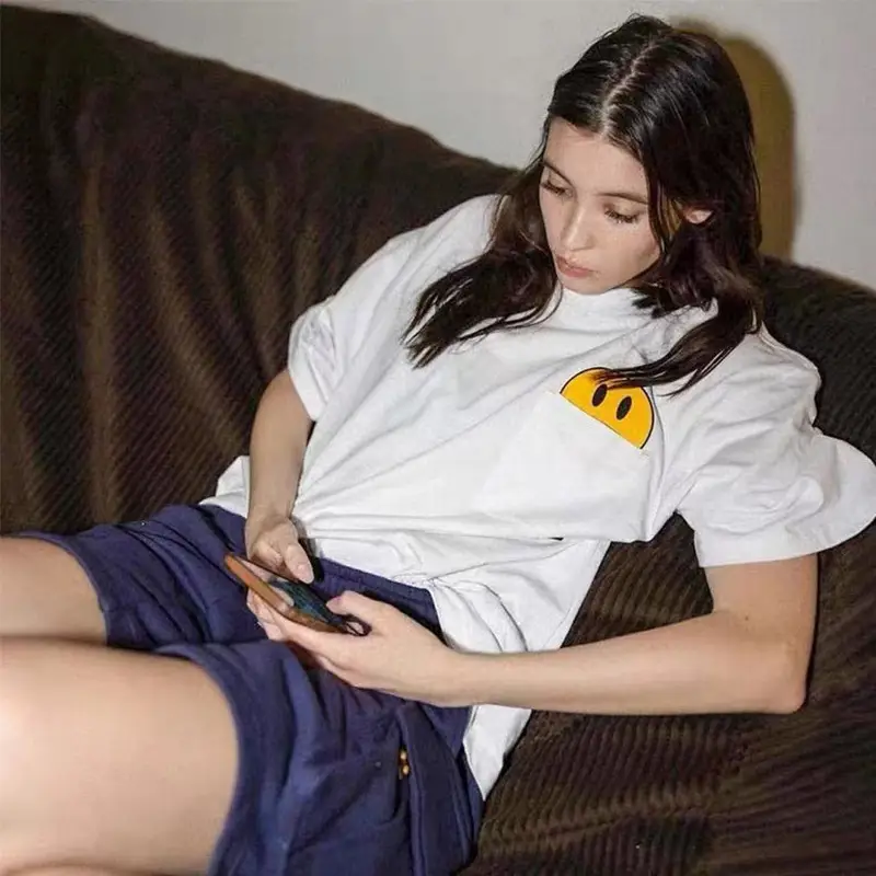 Drew Smiley Cotton T-Shirt White Loose Patch Pocket - Image 4
