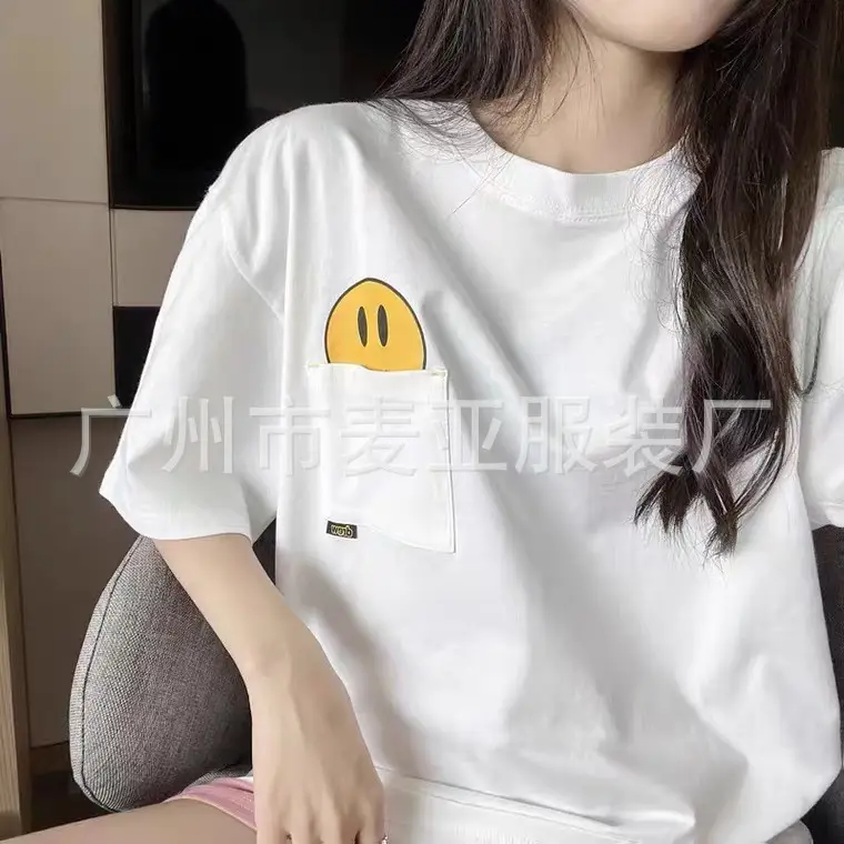 Drew Smiley Cotton T-Shirt White Loose Patch Pocket - Image 2