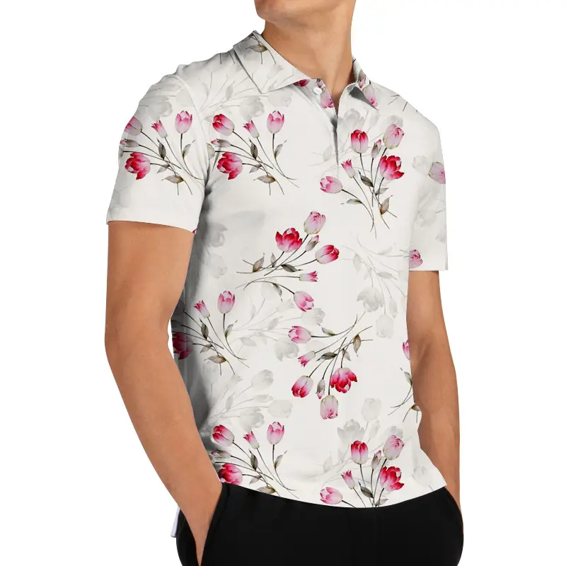 Men 3D Floral Polo Shirt Light Blue Yellow Rose Print