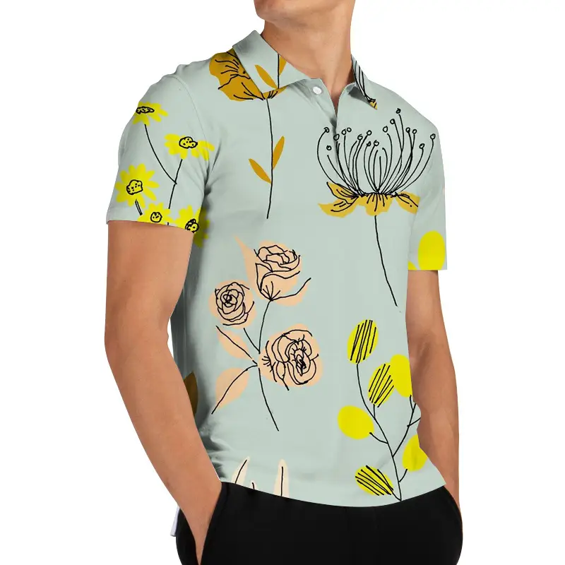 Men 3D Floral Polo Shirt Light Blue Yellow Rose Print