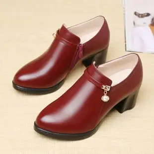 Women's Red Leather Mid-heel Slip-on Shoes with Pearl Decor
