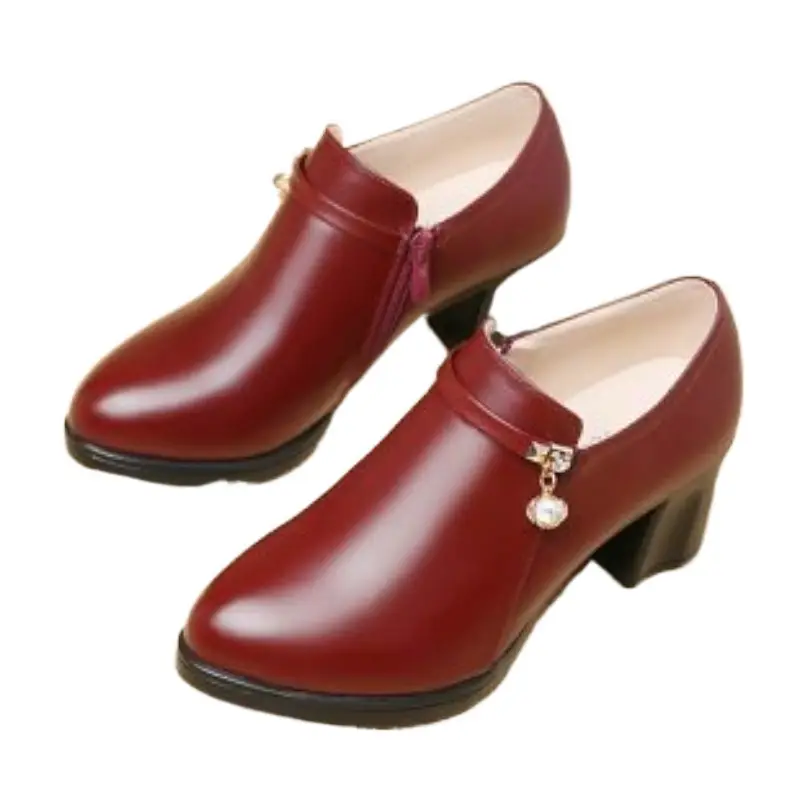 Women's Red Leather Mid-heel Slip-on Shoes with Pearl Decor