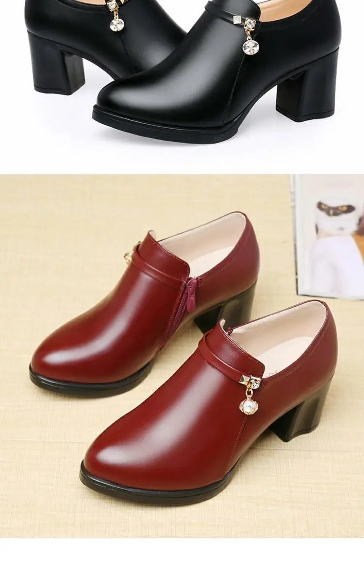Women's Red Leather Mid-heel Slip-on Shoes with Pearl Decor — feature 5
