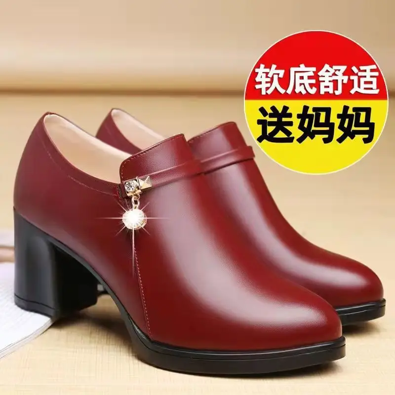 Women's Red Leather Mid-heel Slip-on Shoes with Pearl Decor