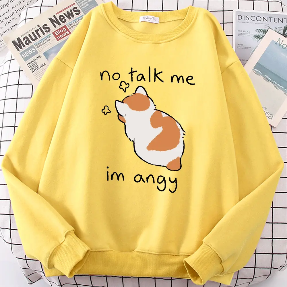 Yellow Cat Print Sweatshirt Round Neck Casual Wear