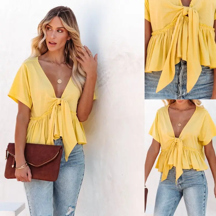 2026 Yellow Ruffle Top with Brown Crossbody Bag - Image 8