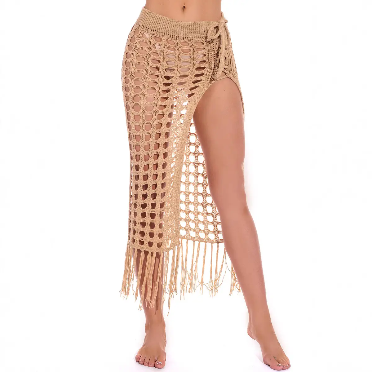 Hollow Knitted Hollow Skirt Blue Split Tassel