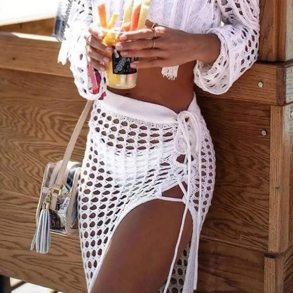 Hollow Knitted Hollow Skirt Blue Split Tassel