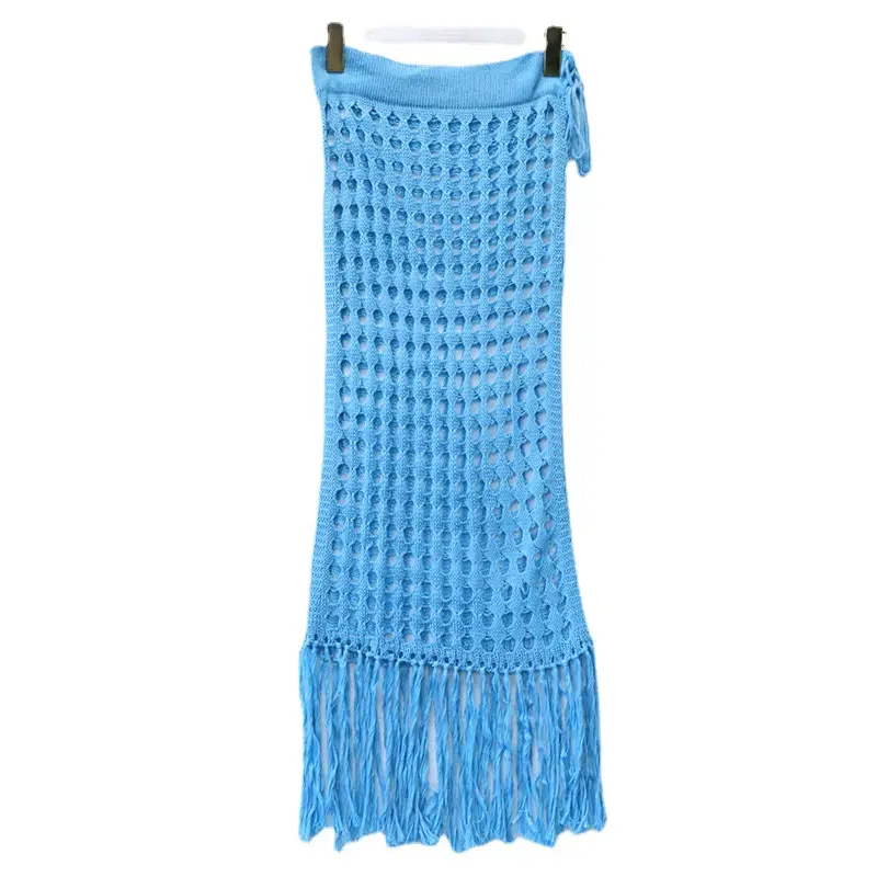 Hollow Knitted Hollow Skirt Blue Split Tassel