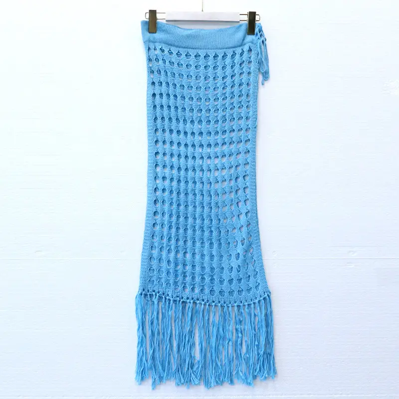 Hollow Knitted Hollow Skirt Blue Split Tassel — feature 22