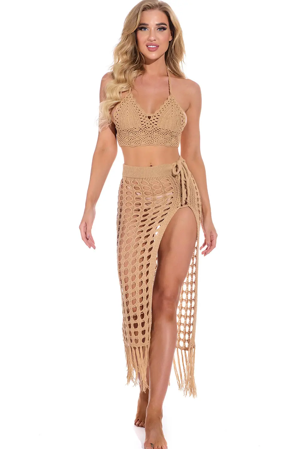 Hollow Knitted Hollow Skirt Blue Split Tassel — feature 5