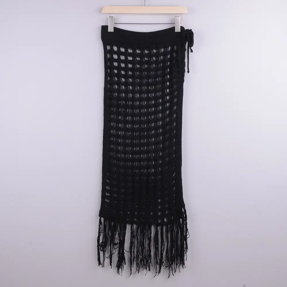 Hollow Knitted Hollow Skirt Blue Split Tassel