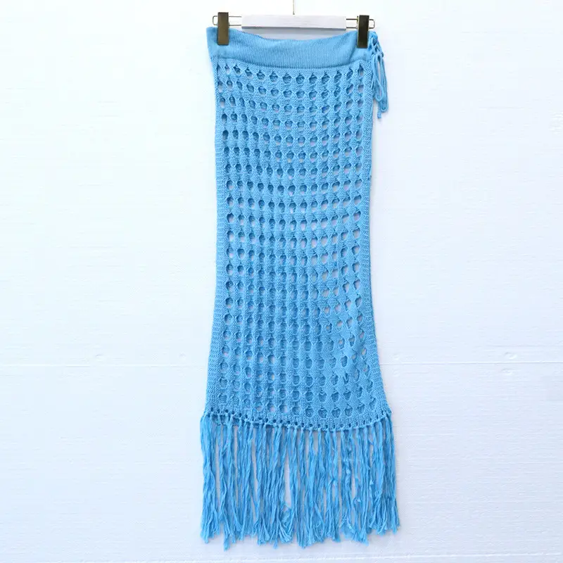 Hollow Knitted Hollow Skirt Blue Split Tassel