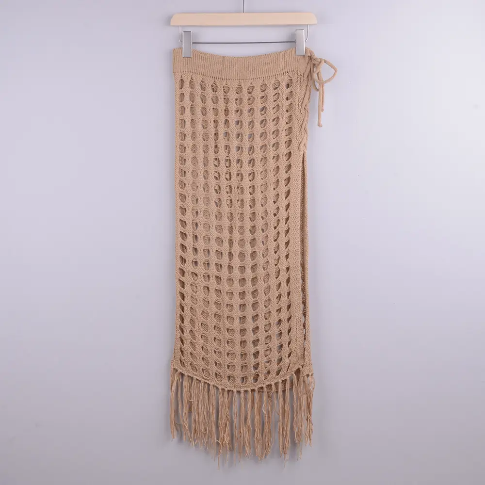 Hollow Knitted Hollow Skirt Blue Split Tassel
