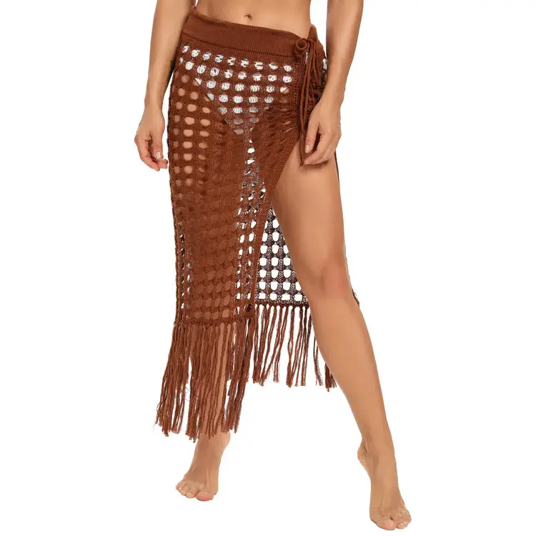 Hollow Knitted Hollow Skirt Blue Split Tassel