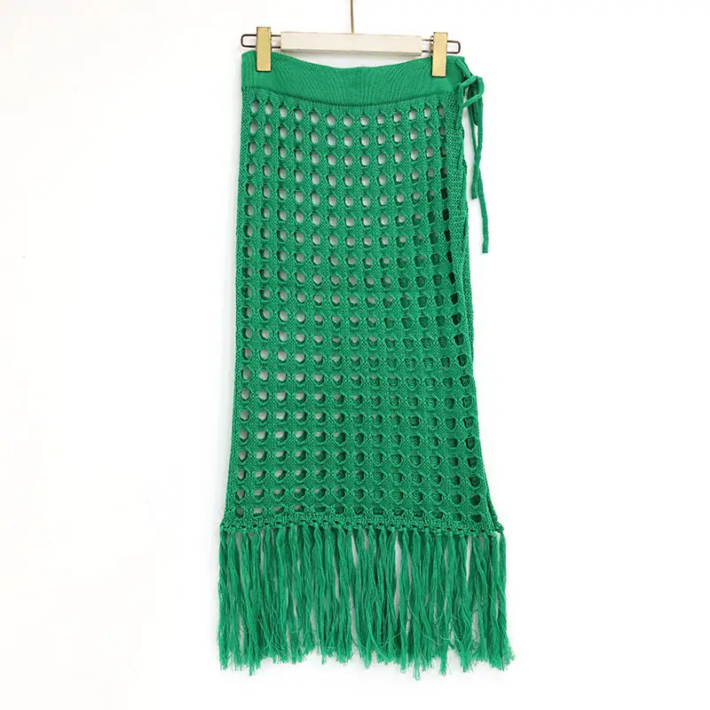 Hollow Knitted Hollow Skirt Blue Split Tassel