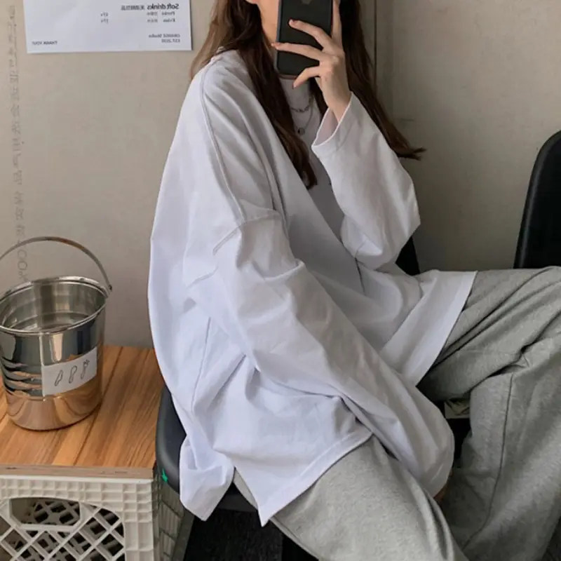 Women's White Long Sleeve Split T-Shirt 2021 Spring - Image 4