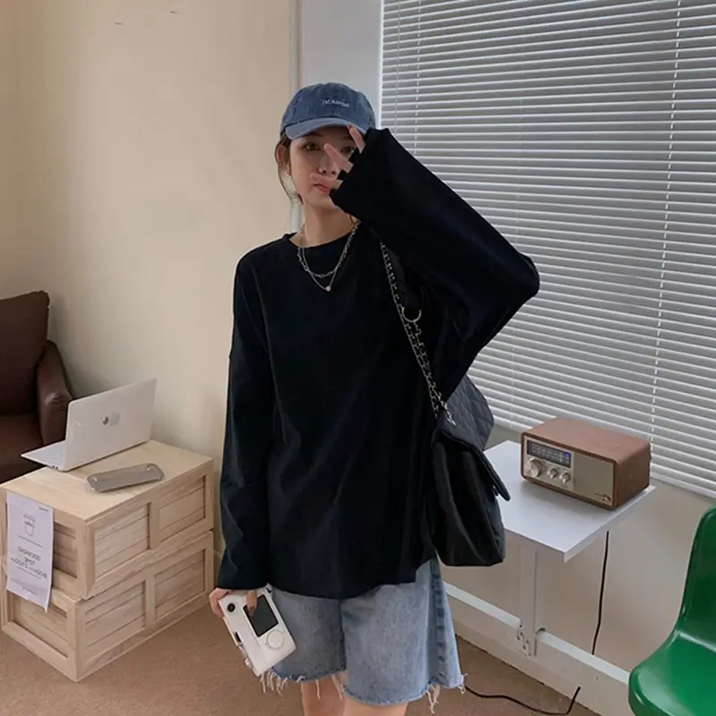 Women's White Long Sleeve Split T-Shirt 2021 Spring - Image 6