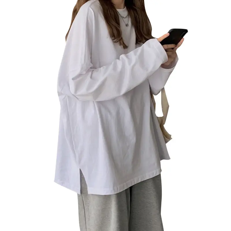 Women's White Long Sleeve Split T-Shirt 2021 Spring - Image 7