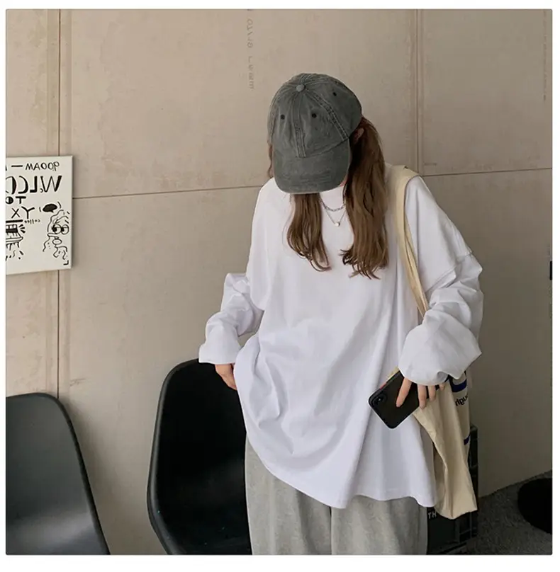 Women's White Long Sleeve Split T-Shirt 2021 Spring — feature 11