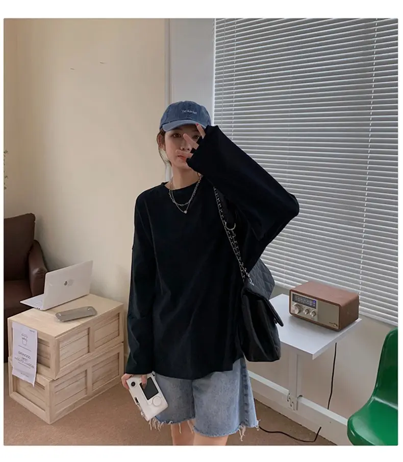 Women's White Long Sleeve Split T-Shirt 2021 Spring — feature 15