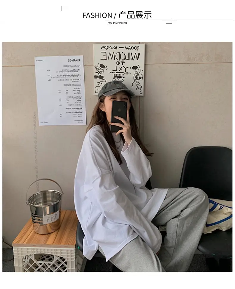 Women's White Long Sleeve Split T-Shirt 2021 Spring — feature 4
