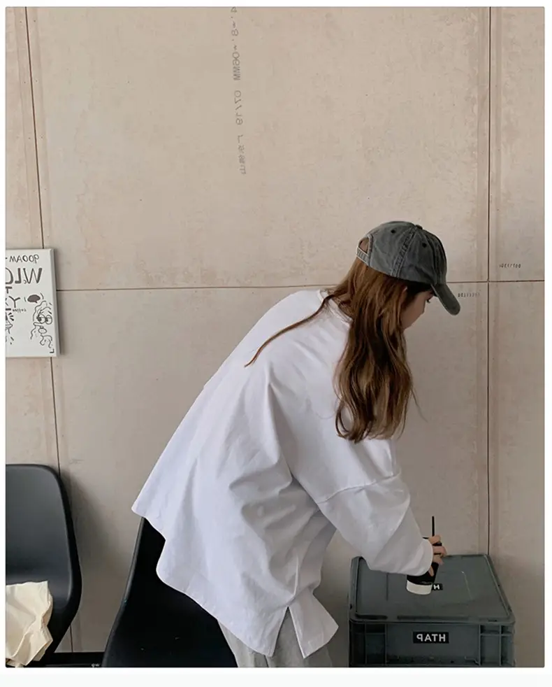 Women's White Long Sleeve Split T-Shirt 2021 Spring — feature 6