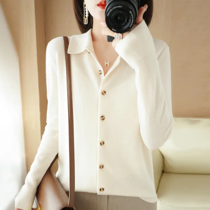Women Green Knit Polo Collar Shirt Long Sleeve Winter - Image 9