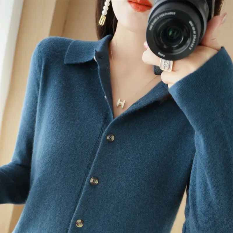 Women Green Knit Polo Collar Shirt Long Sleeve Winter - Image 10