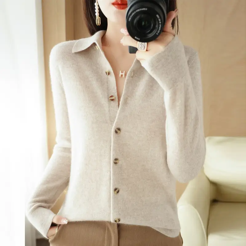 Women Green Knit Polo Collar Shirt Long Sleeve Winter - Image 11