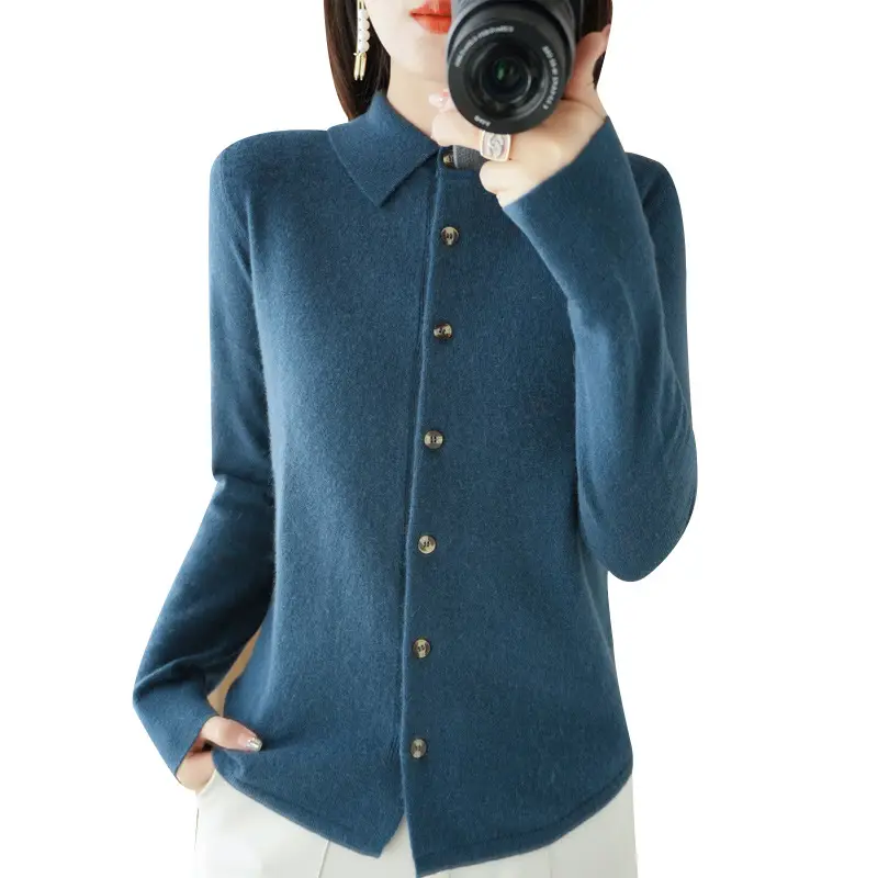 Women Green Knit Polo Collar Shirt Long Sleeve Winter - Image 12