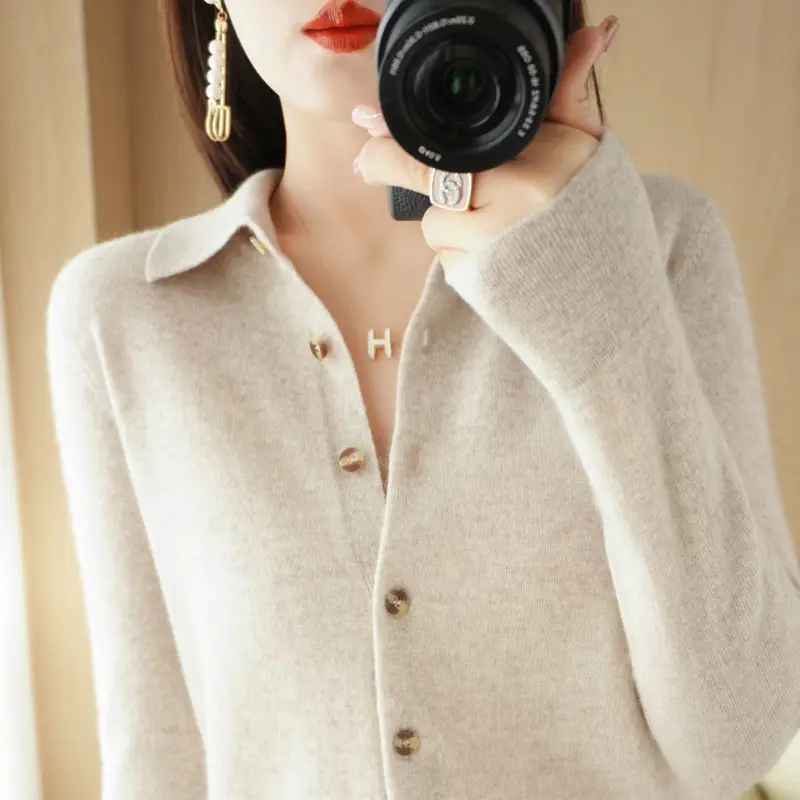 Women Green Knit Polo Collar Shirt Long Sleeve Winter - Image 3