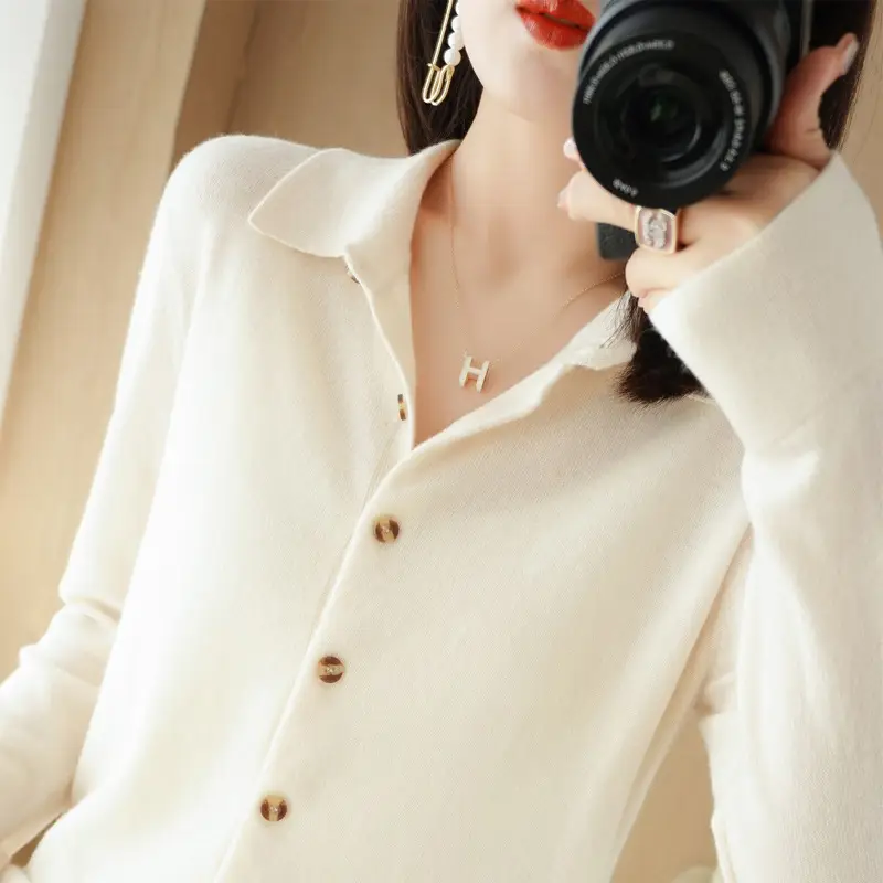 Women Green Knit Polo Collar Shirt Long Sleeve Winter - Image 4
