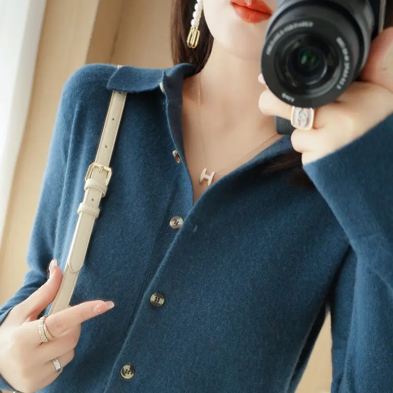 Women Green Knit Polo Collar Shirt Long Sleeve Winter - Image 5